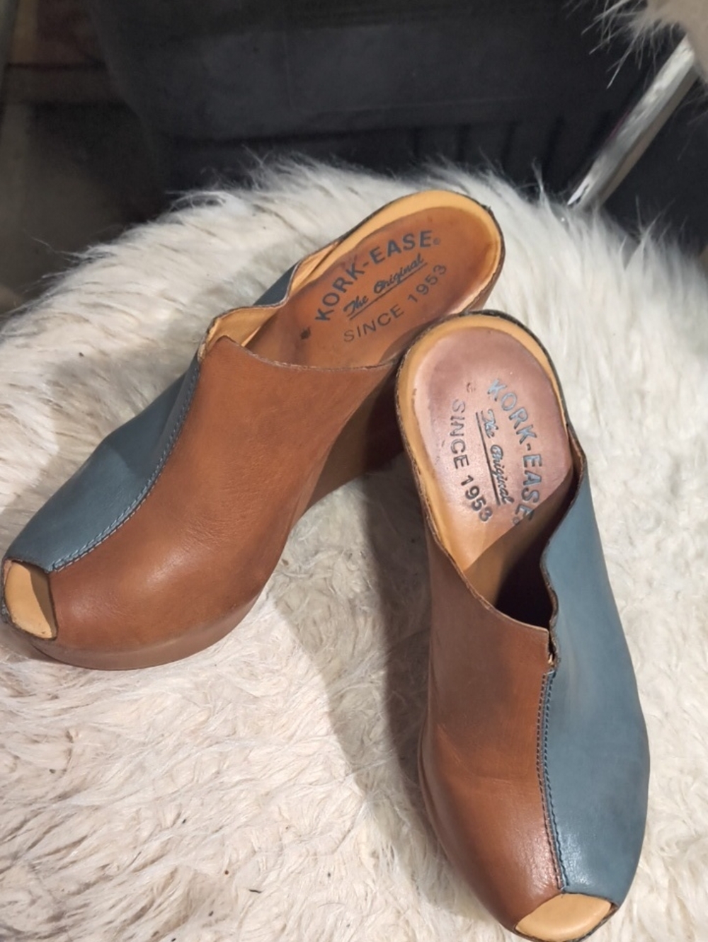 Kork-Ease Two-Tone Leather Peep-Toe Wedge Mules in Tan & Grayish Blue